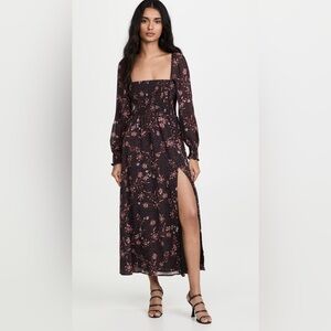 OPT smocked floral maxi dress sheer bishop sleeves summer slit